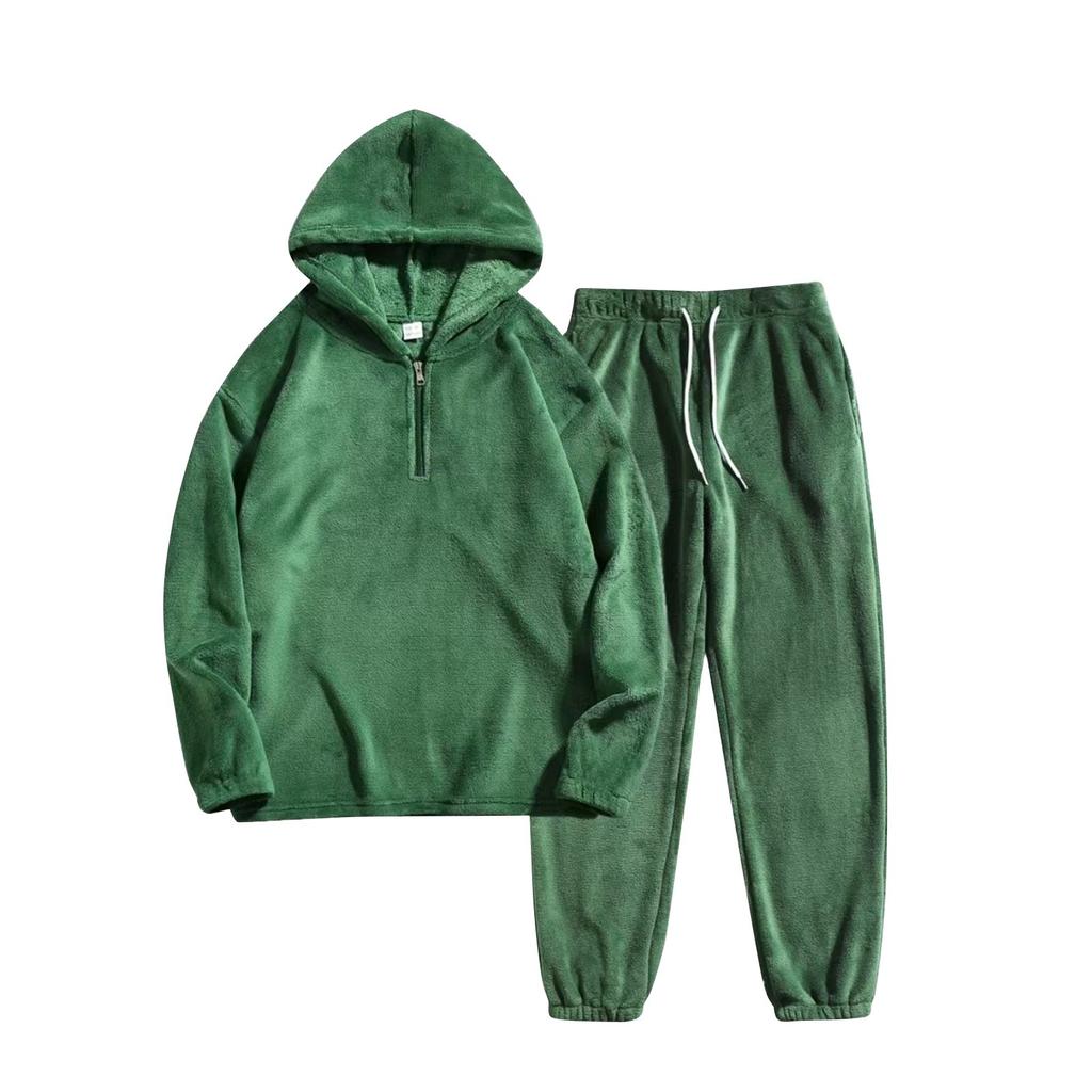 Men's Winter Solid Color Plush Long Sleeve Half Zipper Hooded Sweatshirt And Sweatpants Set