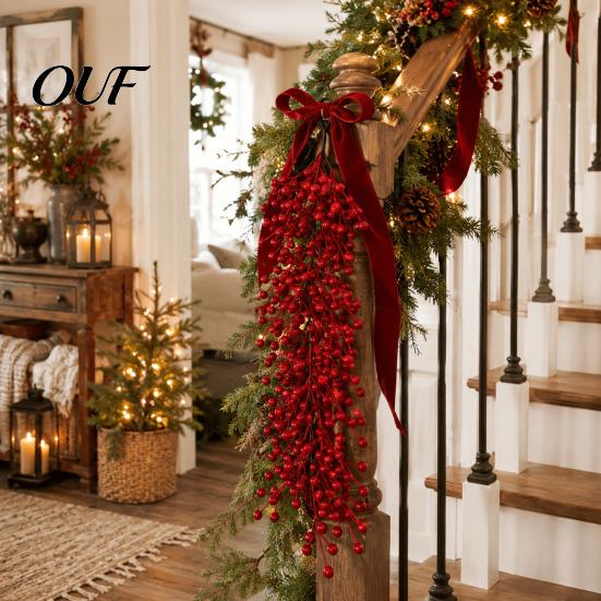 Christmas Hanging Plant Bundle Artificial Red Berry Swag Branch, Rustic Style Wall Realistic Plastic Hangings, Seasonal Waterfall Pendant for