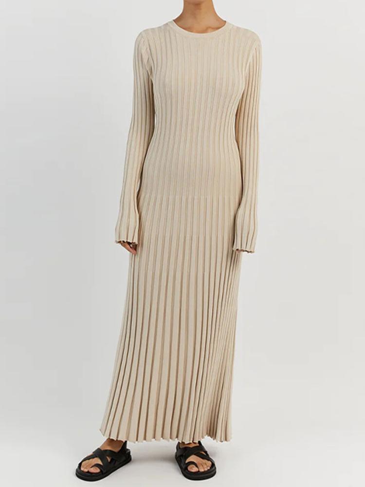 Сплошное цветное вязаное платье с круглым вырезом и длинными рукавами, женское плиссированное тонкое белое длинное платье, женская офисная уличная одежда, Vestido