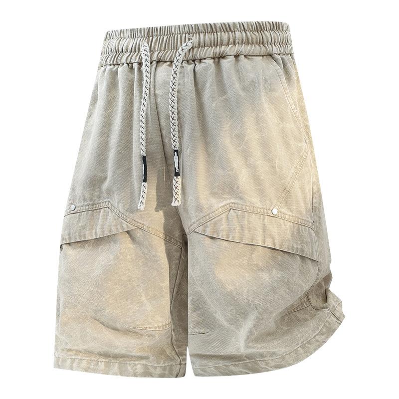 Men Summer Men's Short Pants Casual Washed Cotton Workwear Straight Leg Cargo Shorts Elastic Waist Shorts Pants