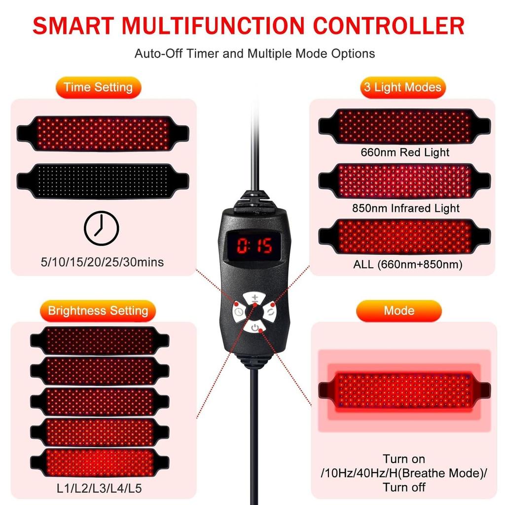 Терапия для тела Инфракрасная светотерапия, Пояс для терапии красным светом для облегчения боли в плече, талии, мышцах, Светодиодный пояс-обертывание Таймер Пульт дистанционного управления