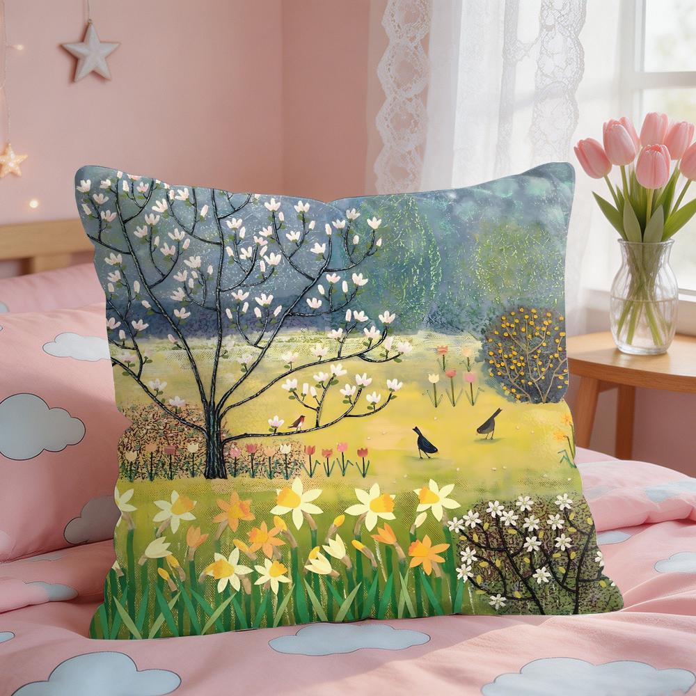 Retro Springtime Village Plants Cushion Cover Square Short Plush Pillow Case Living Room Sofa Home Decor Funda X