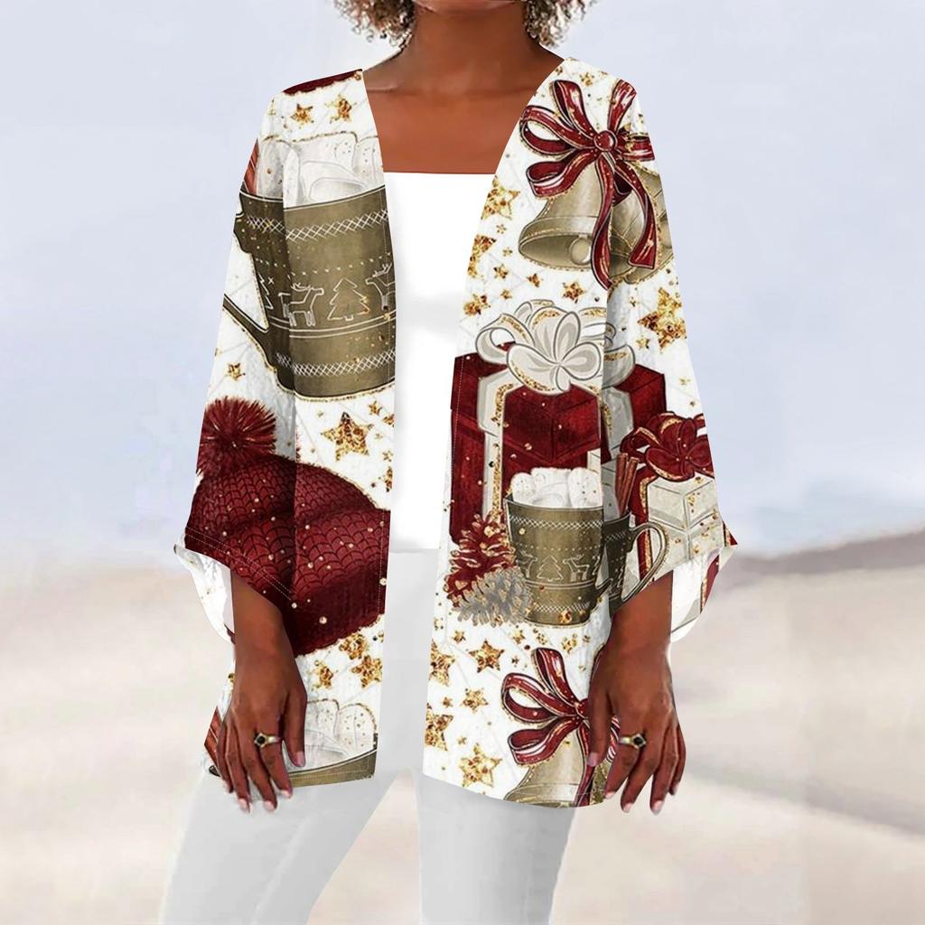 Women's Casual Fashion Christmas Print Lightweight Medium Length Jacket Cardigan