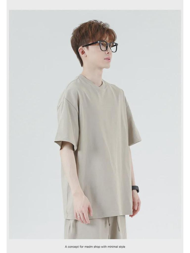 Мужская футболка High Street Trendy из японского плотного хлопка, 275 г, короткие рукава, свободный крой, небольшой воротник, однотонный цвет.