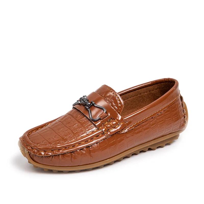 Boys Leather Shoes Round-toe Flat Soft Kids Fashion Casual Loafers Glossy Metal Buckle Children Moccasins Non-slip Britain Style