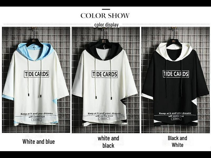 Модная мужская толстовка контрастного цвета с капюшоном и рукавами три четверти — большой размер.