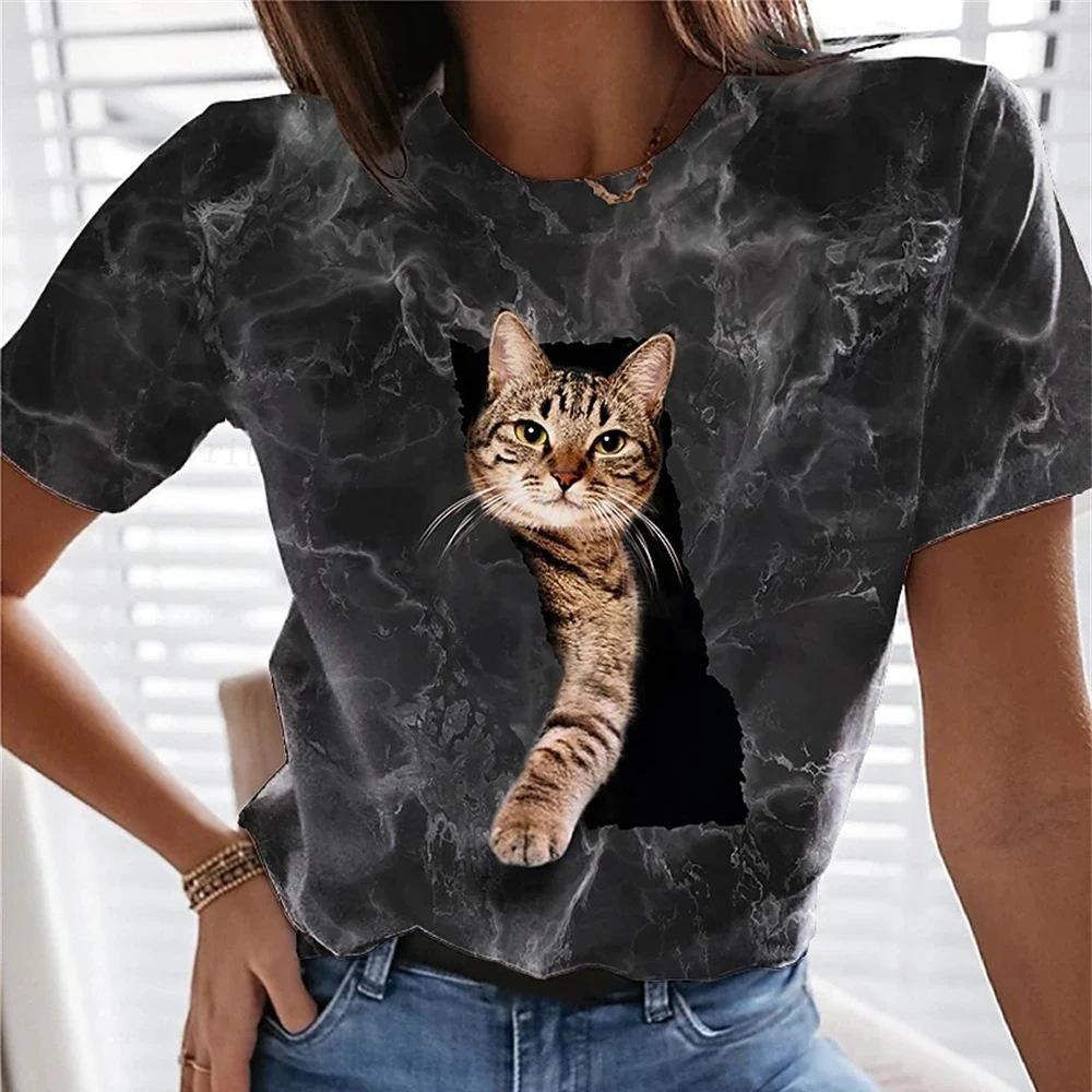 Летний топ с круглым вырезом и принтом 3D Cat, модные повседневные женские футболки с короткими рукавами