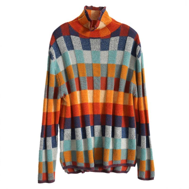 Women S High Neck Checkered Knit Sweater Loose Fit Autumn Winter