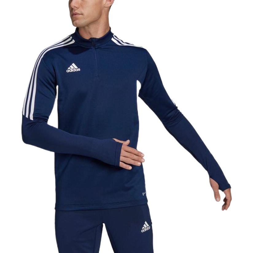 adidas Тренировочная футболка с длинными рукавами и полосатой отделкой с логотипом и молнией до половины. Мужские топы Темно-синие HA6270