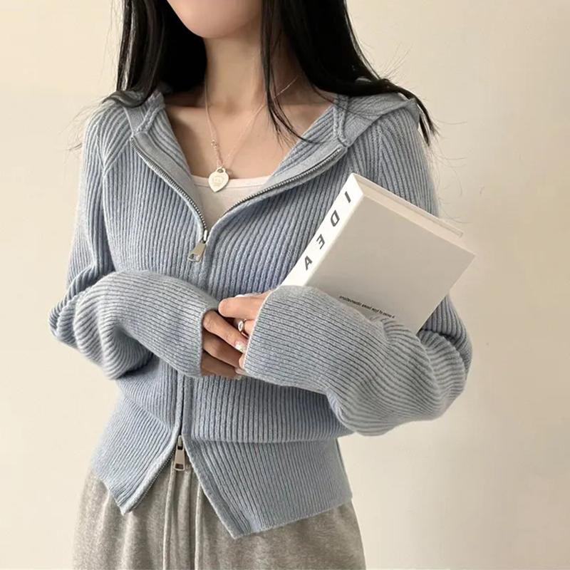 Осенне-зимний вязаный кардиган с капюшоном, свитер для женщин, повседневный свободный свитер с застежкой-молнией и длинным рукавом, модные однотонные кардиганы, куртки 25319