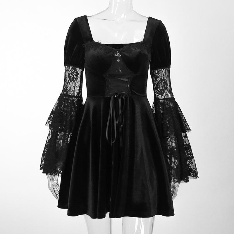Женское кружевное облегающее готическое платье в стиле ретро 40-50-х годов с расклешенными рукавами, бархатное облегающее платье в стиле готического стиля, одежда