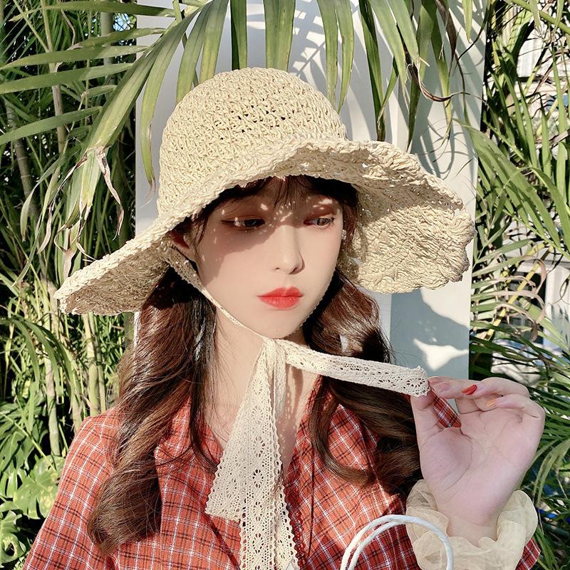 Соломенная шляпа с кружевным ремешком и бантом, складная, литературная, модная, рыбацкая шляпа, ручная работа, большие поля, шляпа от солнца для женщин