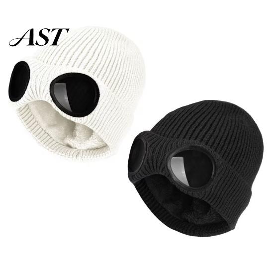 Stretchy Brimless Hat with Eye Protection 2Pcs Fleece Lined Hats Goggles, Warm Winter Knit Protective Goggle for Snow Sports Hats, Windproof