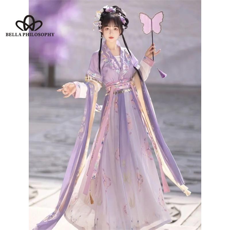 Новый китайский стиль, ретро, античный стиль, нежный оригинальный дизайн, платье Hanfu с длинными рукавами и принтом на талии