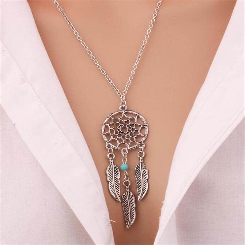 Hollow Dreamcatcher Pendant Necklace for Women Fashion Leaf Feather Necklaces Vintage Ethnic Fashion Party Jewelry Gift Bijoux