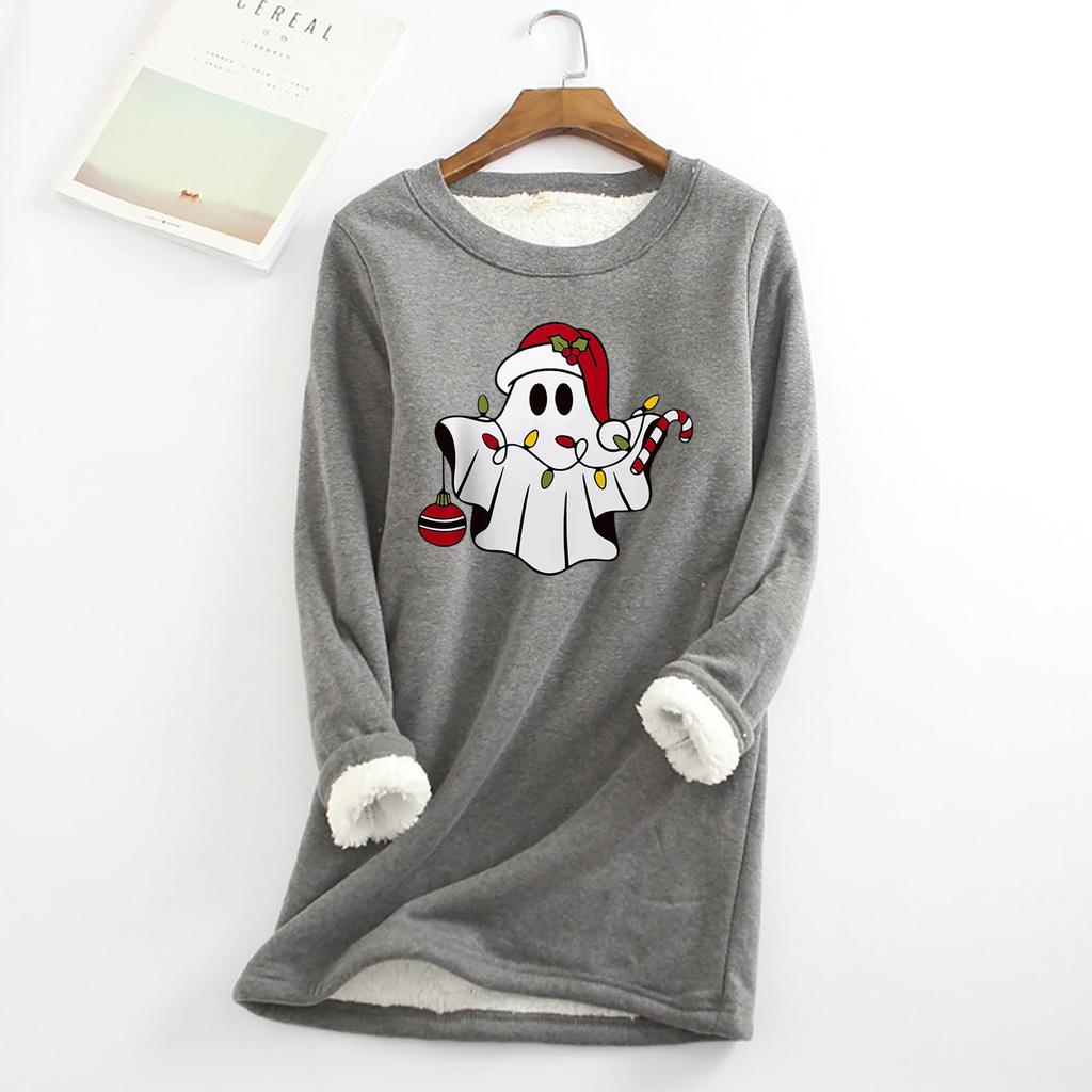 Женский круглый вырез с принтом из утолщенного плюша и кашемира, теплый длинный топ