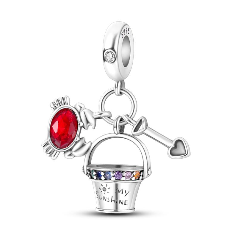 925 Silver Red Color Charms Bead Lipstick High Heels Heart Strawberry Dangle Fit Bangle Bracelet DIY Jewelry