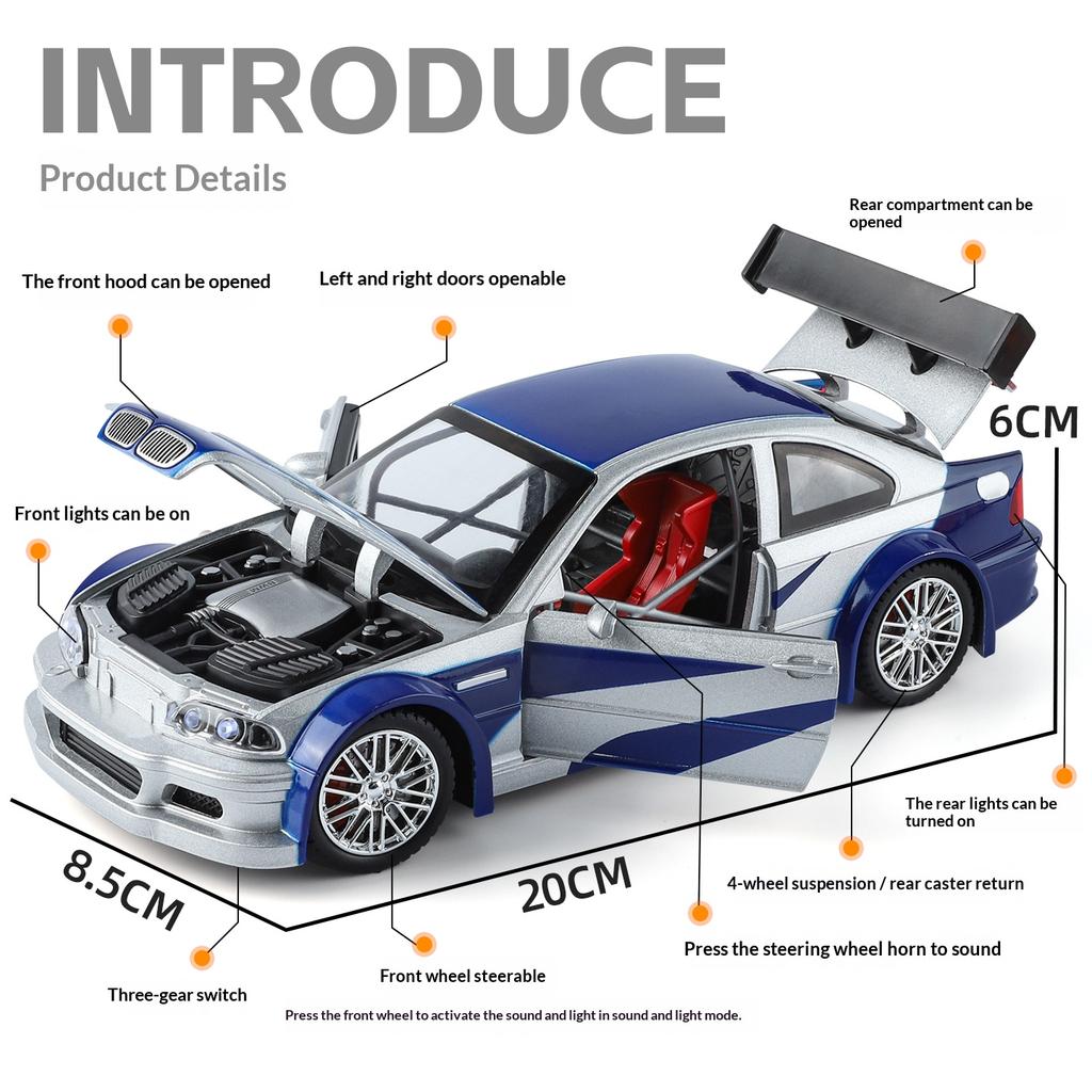 1/24 M3 GTR E46 Металлическая литая модель автомобиля Звук и свет Симуляция Оттяжка Мальчик Игрушечная машина Настольный дисплей Украшение Подарок на день рождения
