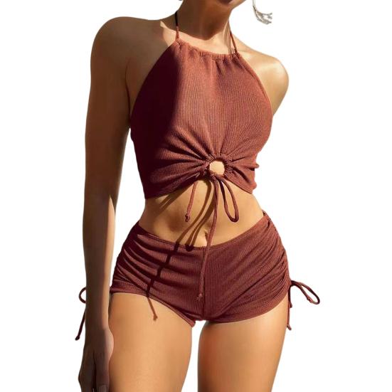 2Pcs/Set Women Summer Bikini Set Hollow Out Halter Bra High Waist Side Drawstring Swimming Trunks Set Bathing Suit Beachwear