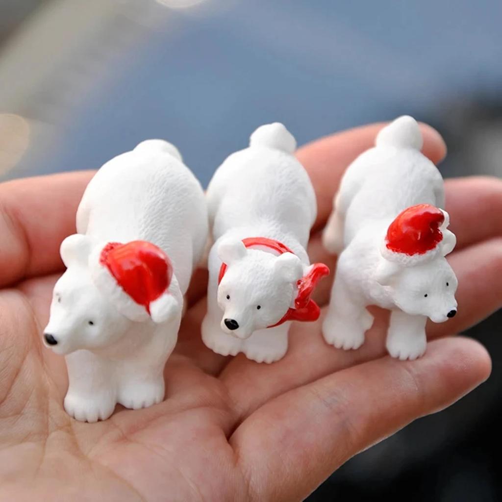 2 Pcs/Set Christmas Polar Bear Ornaments, DIY Mini Christmas Hat Scarf White Bear Garden Snow Landscape Ornaments, Succulent Potted Flower