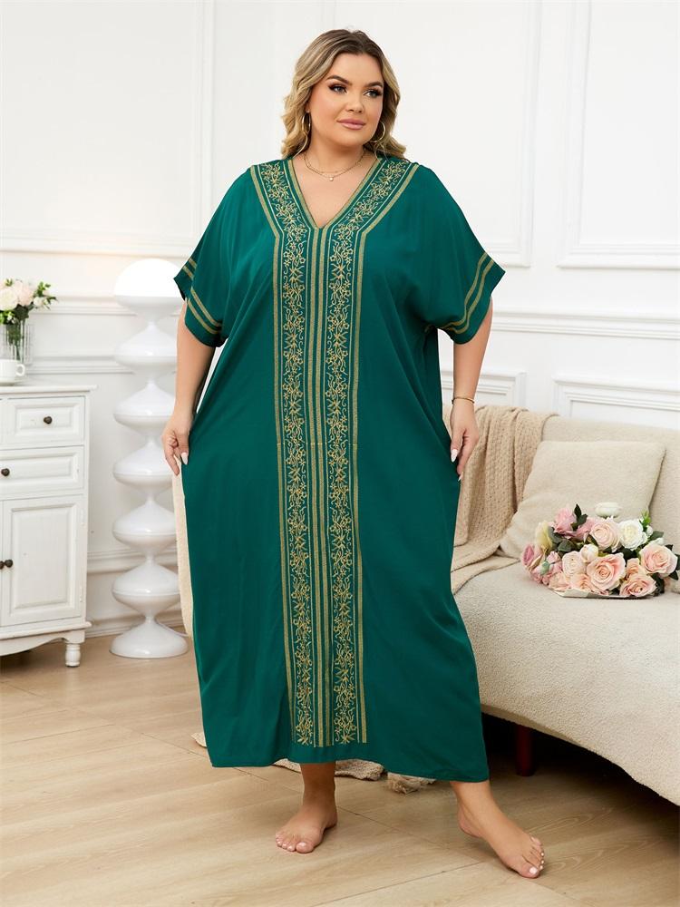 EDOLYNSA Women's Loose Black Kaftan Colorful Embroidered V-neck Short Sleeve Robe Beach Maxi Dress Swimsuit Cover Up Bohemian Moo Moo Dresses