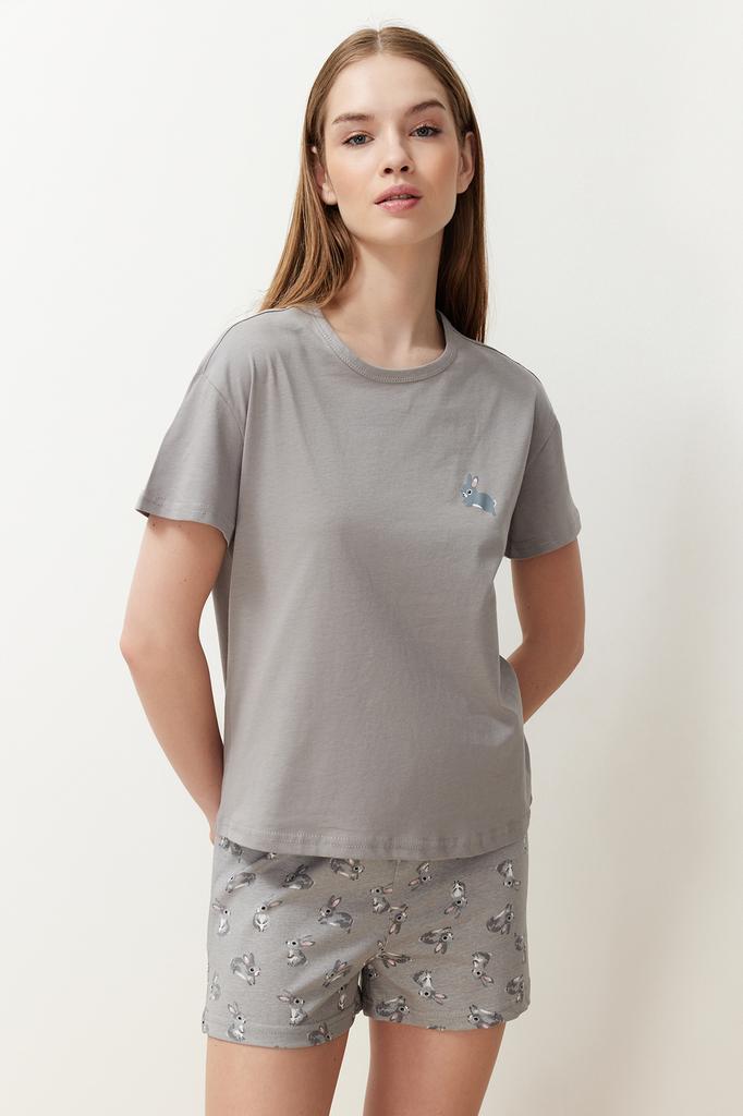 Women's Fashion New Pajama Set Gray Cotton Rabbit Pattern Knitted Pajama Set