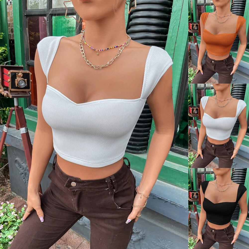 2025 Women's Slim Square Neck Ultra Short Sleeveless Cute T-Shirt Vest Top Basic T-shirts Tank Top