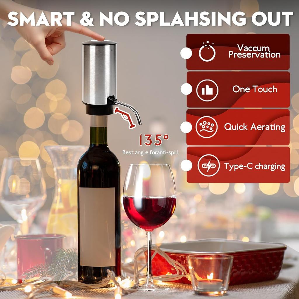 Electric Wine Aerator Pourer Automatic Wine Dispenser Pump with Retractable Tube for One-Touch Instant Oxidation Smart Wine Aerator Decanter for
