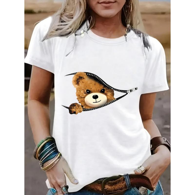 Свободная футболка с коротким рукавом и круглым вырезом с принтом «Медведь на молнии» для женщин