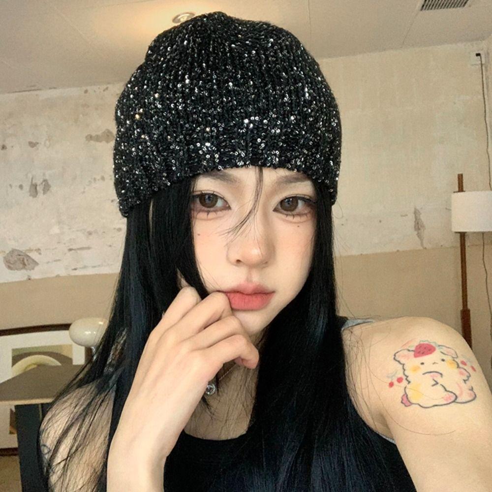Vintage Beanie Hat Bowknot Woven Cap Fashion Sequin Knitted Hat Autumn