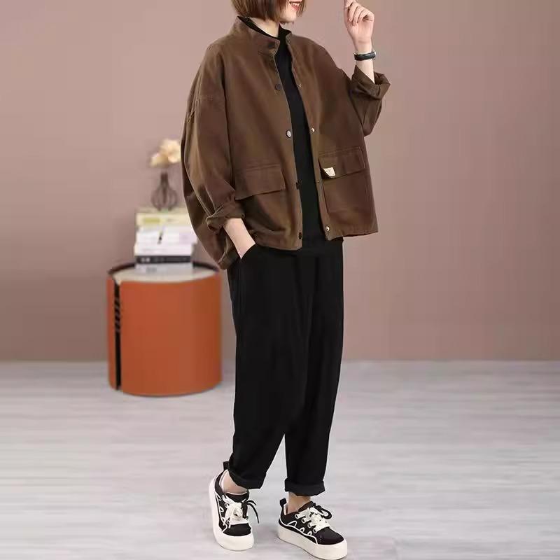 Свободный крой, однотонная куртка-бомбер с длинным рукавом, в корейском стиле, повседневное полупальто для женщин, весна-осень, короткая длина