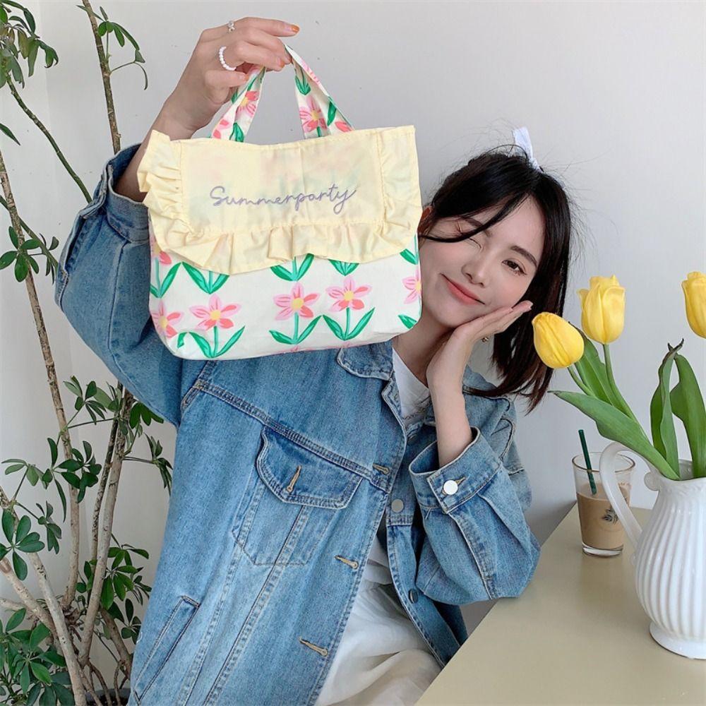 Printed Floral Embroidery Canvas Bag Lace Flower Print Cloth Bag Bucket Bag Countryside Style Canvas Shoulder Bag