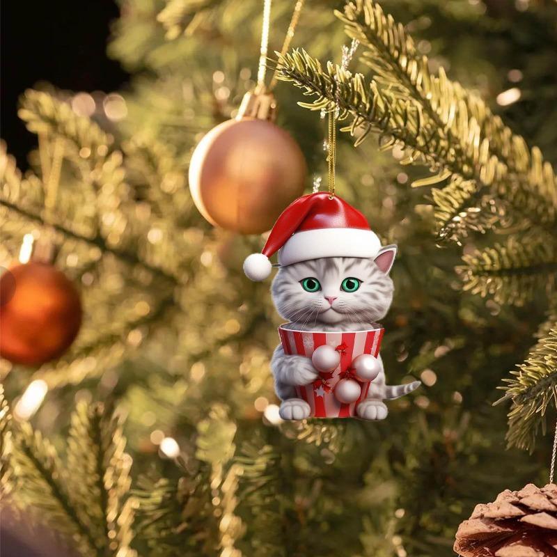 Cartoon Cute Cat Christmas Tree Pendants 2D Acrylic Hanging Ornaments Home Party & Car Christmas Decor Navidad New Year Gifts