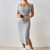 New Fashion Square Collar Side Slit Sexy Dress Women Summer Slim Fit Knitted Short Sleeve Casual Dresses Women Elegant Solid High Waist Dress 25974