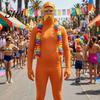Halloween Cosplay Outfit Orange Full Bodysuit for Kids Adults, with Belly, Yellow Mustache & Eyebrows, Open Face Zentai Suit Men Women Suit,