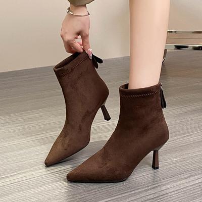 Французская замша Остроносые Тонкий каблук Стрейч Скинни ботильоны Женская Осень и Зима Уличная одежда Все сочетается Высокие каблуки