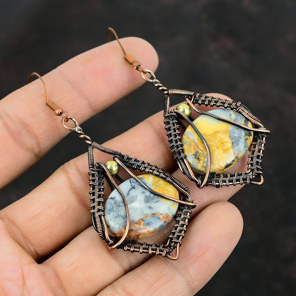 Серьги из яшмы Малигано Серьги с медной проволокой, обмотанные медью, ювелирные изделия ручной работы из меди, серьги с драгоценными камнями, подарки на годовщину, замечательные ювелирные изделия с проволокой