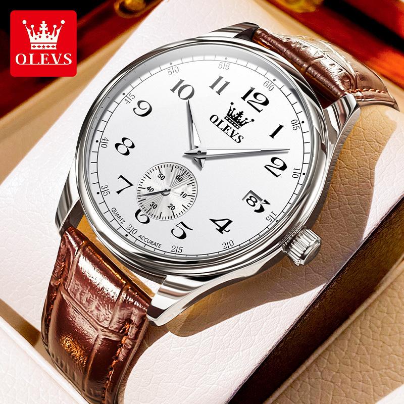 OLEVS Мужские часы кварцевые часы для мужчин кожаный ремешок роскошные деловые наручные часы дата водонепроницаемые арабские цифры маркеры