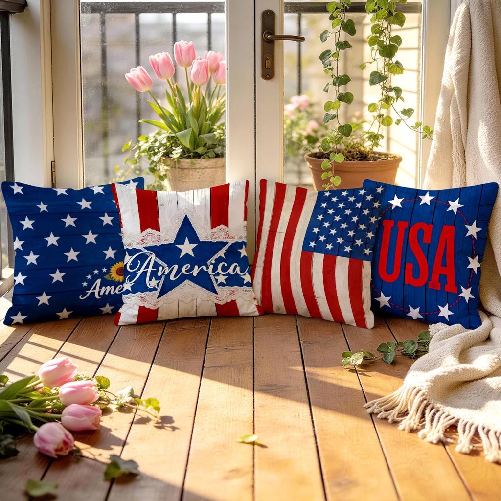 4Pcs 4Th Of July Red Blue Star Stripe Wood Grain Print Single-Sided Cushion Cover For Living Room Bedroom Car Home Decor