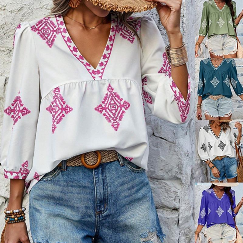 Женская рубашка, летняя модная, с принтом, с семью рукавами и V-образным вырезом