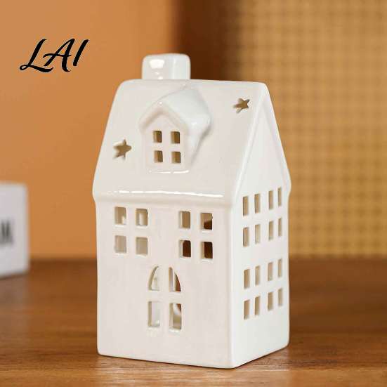 Handmade White Ceramic Ornament House Shape Candle Holder Hollow Tea Light Holder Decor Ornament Artistic Miniature Figurine for Christmas