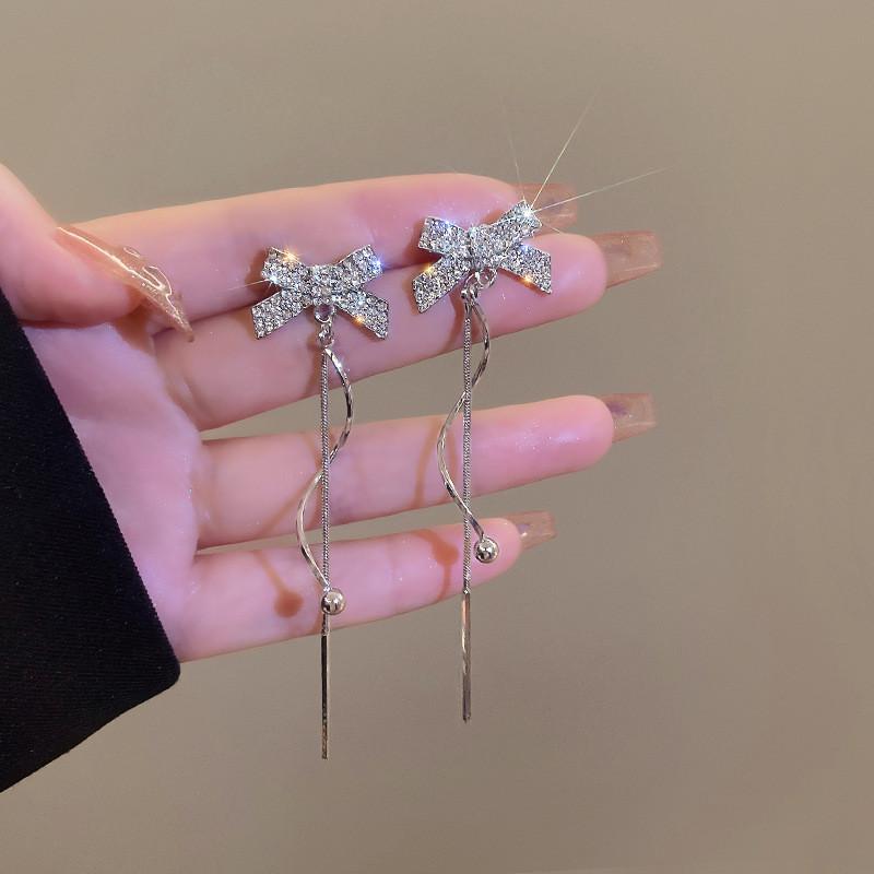 Серебряные серьги с кисточками и бантом, серьги-клипсы с кристаллами для женщин, ювелирные аксессуары