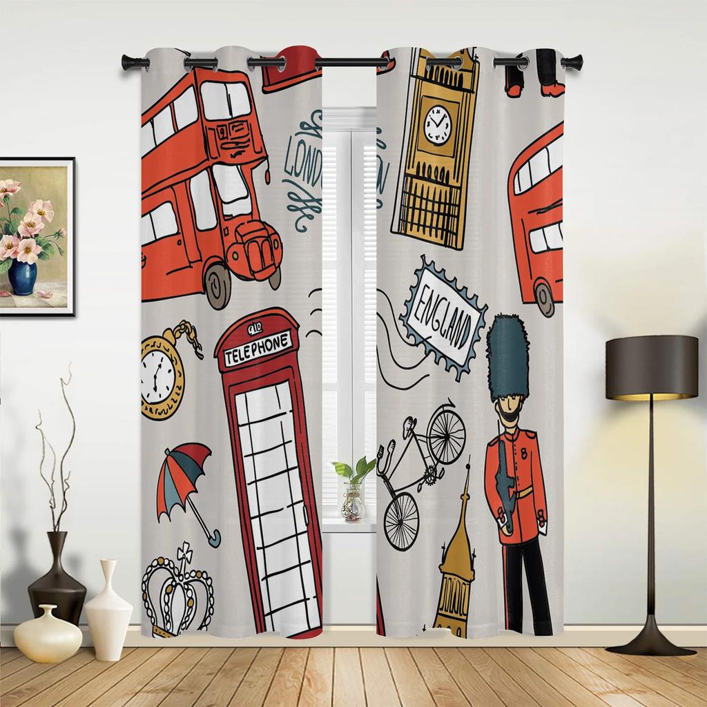London Telephone Booth Curtains for Bedroom Living Room Drapes Kitchen Children's Room Window Curtain Modern Home Decor
