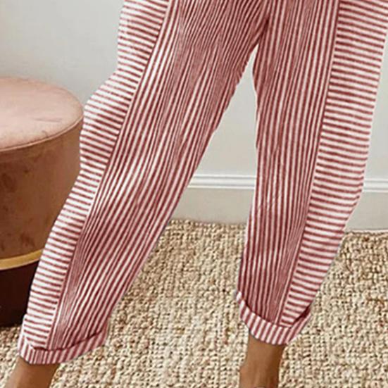 Women Casual Pants Elastic Waist Mid-rise Summer Jacquard Long Pants with Pockets Striped Print Loose Fit Trousers
