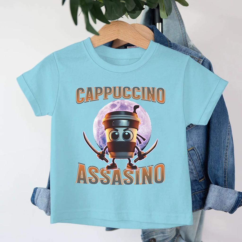 Italian Brainrot T-Shirt Kids Clothes Crew Neck Short Sleeve Tee Cappuccino Assassino Print T-shirt Summer Girl Boy Casual Tops