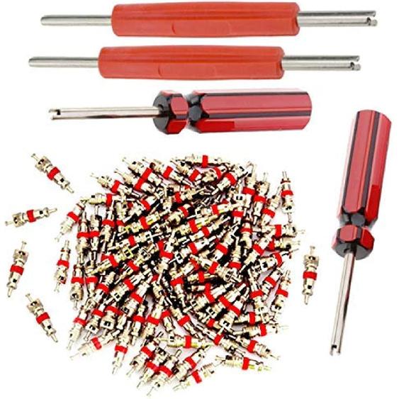 Aracey Tire Repair Tool Set - 4 X Dual Single Head Valve Core Remover And 100 Pieces Car Truck Replacement Tire Tyre Valve Stem Core Part