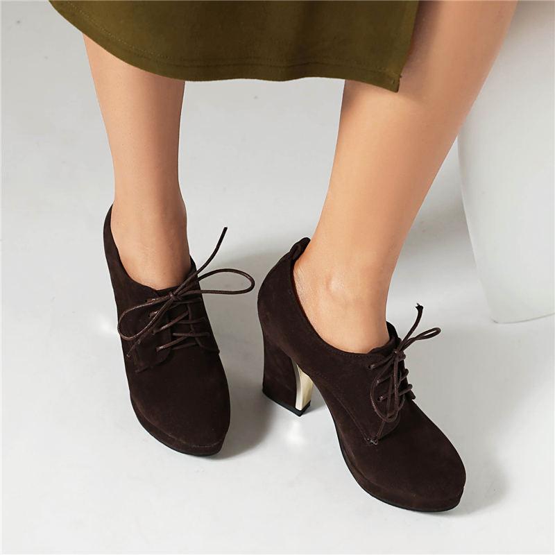 Женские туфли на высоком каблуке, одиночные туфли, весенне-осенняя водонепроницаемая платформа, толстый каблук, шнуровка, большой размер, всесезонная обувь.