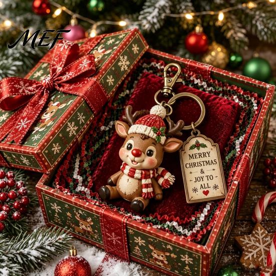 Holiday Character Keychain Christmas with Gift Box, Cute Santa Claus Snowman Highland Cow Party Favors Reindeer Bag Charm, Keyring Pendant, Gifts for