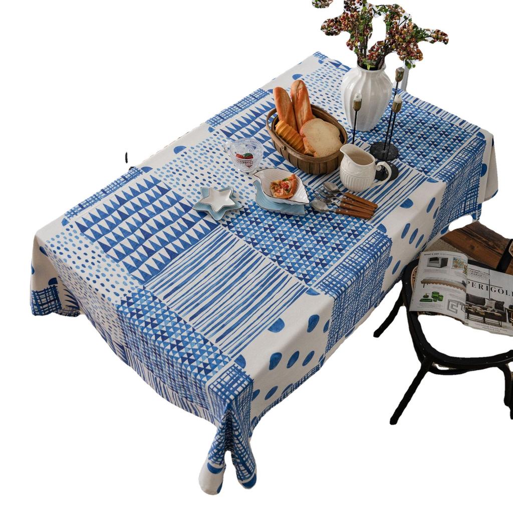Tablecloth Blue Splicing Geometric Printing Simple Cotton and Linen Dining Table Cloth