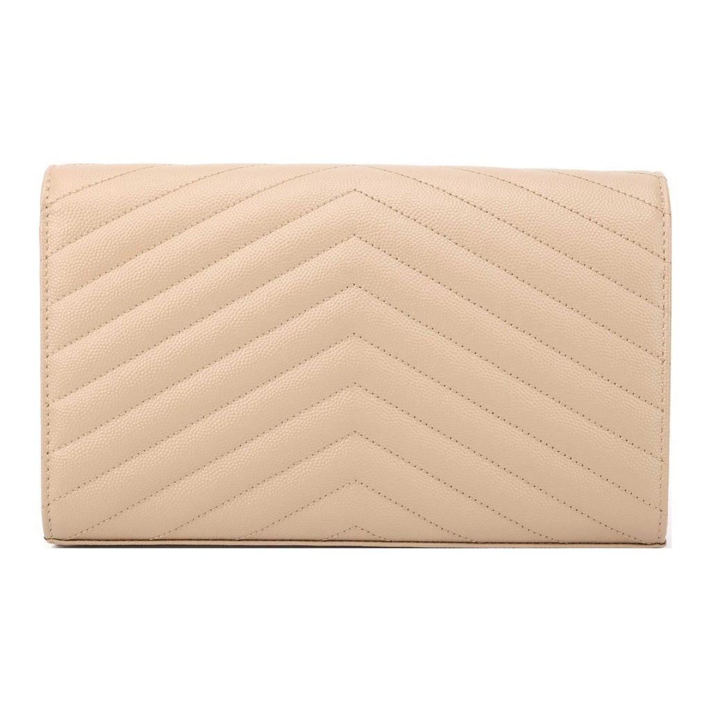Saint Laurent Сумка-кошелек YSL Monogram Gold Logo из стеганой зернистой кожи с цепочкой, женская, темно-бежевый цвет, артикул 377828-BOW01-2721